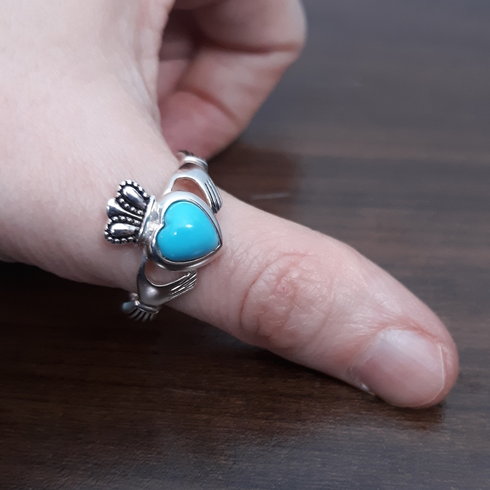 Sz 9 JMH Ireland Claddagh Ring Sterling Silver Sleeping Beauty Turquoise Heart - Picture 2 of 16